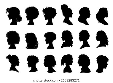 Conjunto de silhueta afro menina. Coleção de rosto de mulher negra com penteado estilizado. Ilustração vetorial da cabeça de menina com corte de cabelo estilizado.