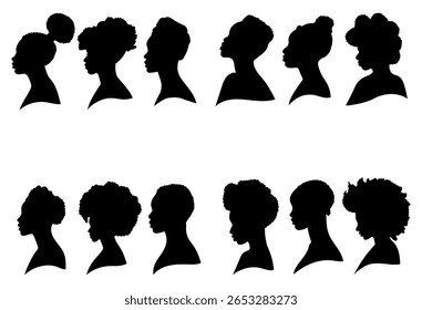 Conjunto de silhueta afro menina. Coleção de rosto de mulher negra com penteado estilizado. Ilustração vetorial da cabeça de menina com corte de cabelo estilizado.