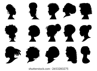 Conjunto de silhueta afro menina. Coleção de rosto de mulher negra com penteado estilizado. Ilustração vetorial da cabeça de menina com corte de cabelo estilizado.