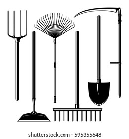 Set of Silhouette Agricultural Tools Isolated on White Background, Garden Equipment , Pitchfork and Hoe, Rake and Shovel with Scythe, Vector Illustration 