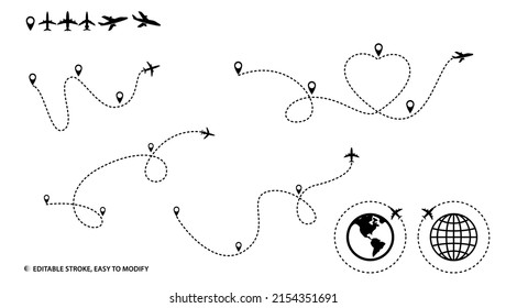 conjunto de ruta de plano de aire de silueta o ruta de línea de plano de aire con trazo editable de línea de guion, vector eps 