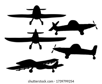 Set silhouette Airplane in doodle style isolated on white background. Set of agricultural aircraft vector outline icons for kids playing, web design, print on t shirt.