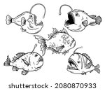 Set of silhouette anglerfish. Collecting deep sea fish with a flashlight. Ocean creature. Underwater animals. Vector illustration of marine wildlife on a white background.