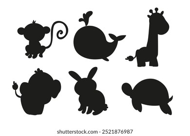 Set silhouette animal characters whale, giraffe, turtle, rabbit, elephant, monkey