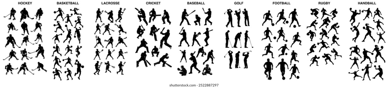 Set of silhouette of ball sports. Big vector collection pack isolated on white background.