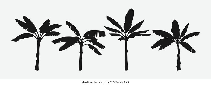 Set silhouette of banana tree. Isolated on white background. Concept of nature, plant, tropical and agriculture. Vector illustration.