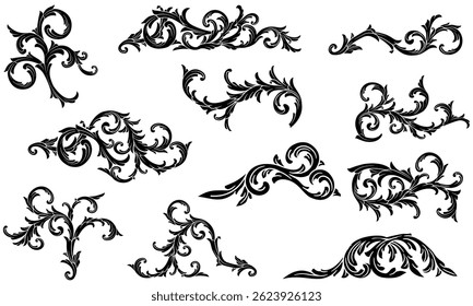 Set silhouette baroque engraving ornamental, curl, swirl pattern border ornament. Black art deco oriental vector illustration