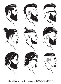 Set of silhouette bearded men faces hipsters style with different haircuts. Vector illustration.