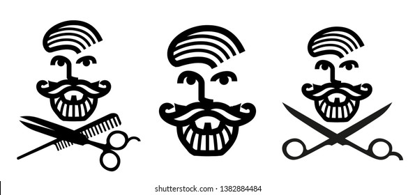 Set of silhouette bearded men faces hipsters style with different haircuts. Vector illustration. For logo, embroidery, sign, icon.