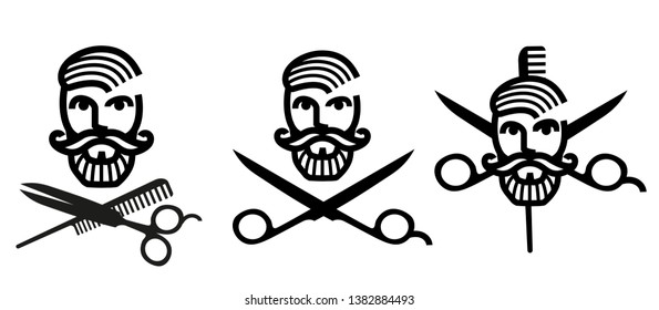 Set of silhouette bearded men faces hipsters style with different haircuts. Vector illustration. For logo, embroidery, sign, icon.