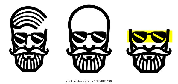 Set of silhouette bearded men faces hipsters style with different haircuts. Vector illustration. For logo, embroidery, sign, icon.
