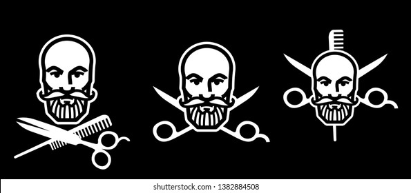 Set of silhouette bearded men faces hipsters style with different haircuts. Vector illustration. For logo, embroidery, sign, icon.