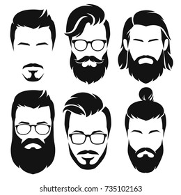 Set of  silhouette bearded men faces hipsters style with different haircuts. Vector illustration.