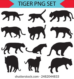 set of silhouette of big cats. tiger, lion, lioness, jaguar, cheetah, puma, panther. isolated on white background