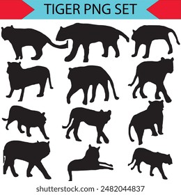 set of silhouette of big cats. tiger, lion, lioness, jaguar, cheetah, puma, panther. isolated on white background