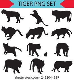 set of silhouette of big cats. tiger, lion, lioness, jaguar, cheetah, puma, panther. isolated on white background