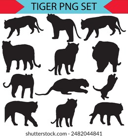 set of silhouette of big cats. tiger, lion, lioness, jaguar, cheetah, puma, panther. isolated on white background