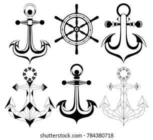 Set of silhouette black anchors and helm on white background.