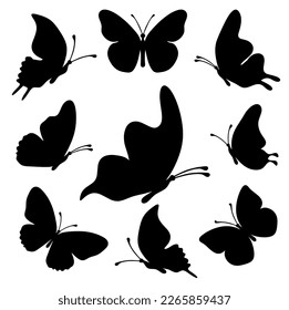 Set of silhouette black butterflies on white background. Vector