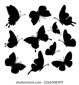 Set of silhouette black butterflies on white background. Vector