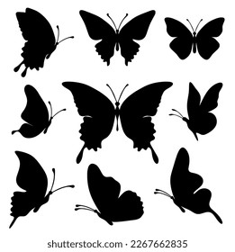 Conjunto de mariposas negras de silueta sobre fondo blanco. Vector