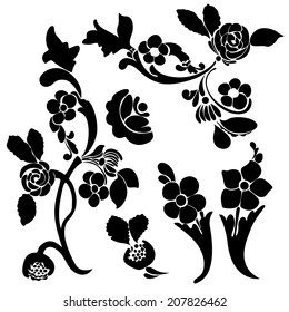 Set silhouette black design ornament flower motifs