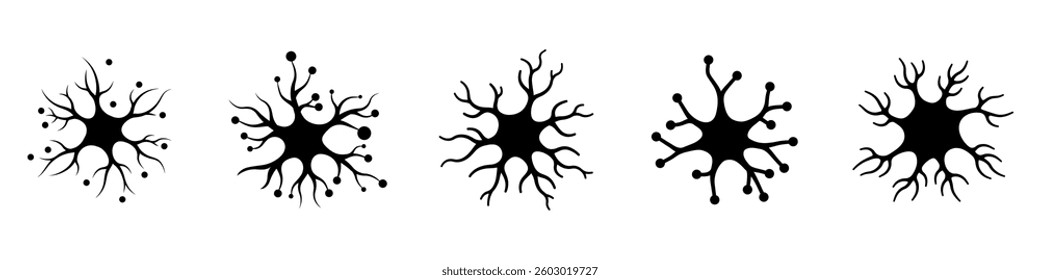 Set of silhouette black flat neuron cells with long axons. Vector illustration.