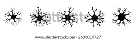 Set of silhouette black flat neuron cells with long axons. Vector illustration.
