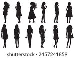 Set of silhouette. Black people on white background. Profile walking girls. Vector illustration