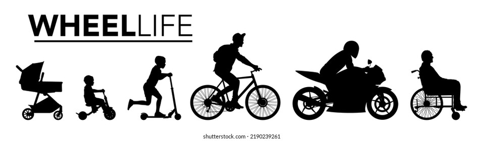 Set of silhouette. Black people on white background. Wheel life. Profile man of different ages on wheel transport. Vector illustration