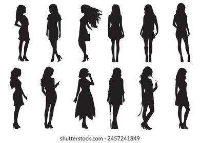 Set of silhouette. Black people on white background. Profile walking girls. Vector illustration