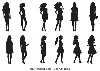 Set of silhouette. Black people on white background. Profile walking girls. Vector illustration