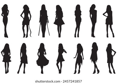 Set of silhouette. Black people on white background. Profile walking girls. Vector illustration