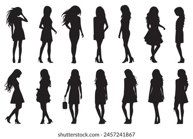 Set of silhouette. Black people on white background. Profile walking girls. Vector illustration