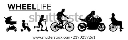 Set of silhouette. Black people on white background. Wheel life. Profile man of different ages on wheel transport. Vector illustration