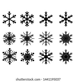 Set silhouette black snowflake on white background. Symbol of Christmas holiday season. Monochrome template for prints, card, etc. Isolated graphic element. Flat vector illustration