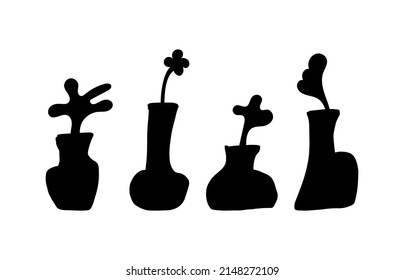 Set of silhouette black vases and flowers. Abstract modern art. Vector illustration in boho style