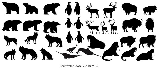 set of silhouette black and white of arctic animal.