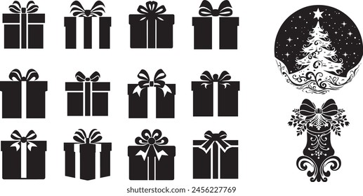 Set silhouette black-and-white . chritismas giftbox icons. gift boxes silhouettes