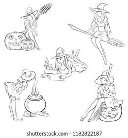 Set of silhouette black-and-white image of Halloween witches