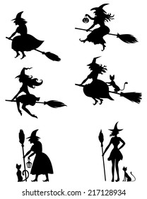  Set of silhouette black-and-white image of Halloween witches