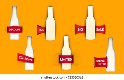 Set of silhouette bottle with red ribbon in paper cut trendy craft style. Template voucher, coupon, banner or sticker for design branding, advertising, promote. Vector illustration.