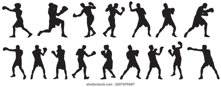 set of silhouette of boxing player. Set of boxer player in action 
