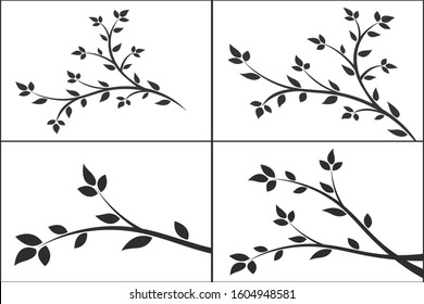 Set of silhouette of a branch with leaves. Young tree. 