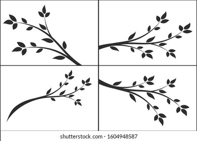 Set of silhouette of a branch with leaves. Young tree. 