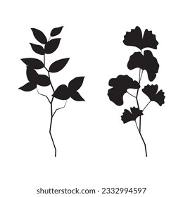 Set of silhouette branches with leaf in modern style. Vector leaves isolated on white background. Hand drawn decorative botanical elements