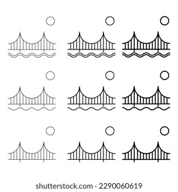 Set of Silhouette bridge icon, urban architecture design, travel line construction symbol vector illustration .