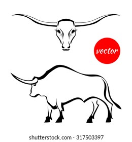 Set silhouette of a bull with huge horns and the head of a bull isolated on white background. Vector illustration.