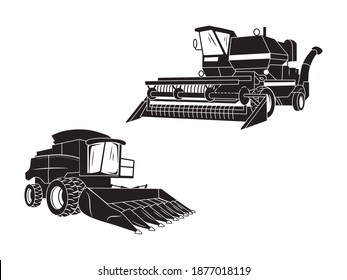 Set Of Silhouette Of Bulldozers. Collection Of Farm Heavy Vehicles. Set Of Agricultural Machines. Vector Illustration Of Dimensional Transport.