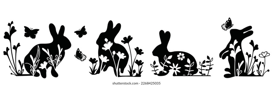 Set of silhouette of bunny with flowers. Happy Easter banner, poster, postcard, greeting card. Trendy Easter design with typography, bunnies, flowers, eggs, bunny ears